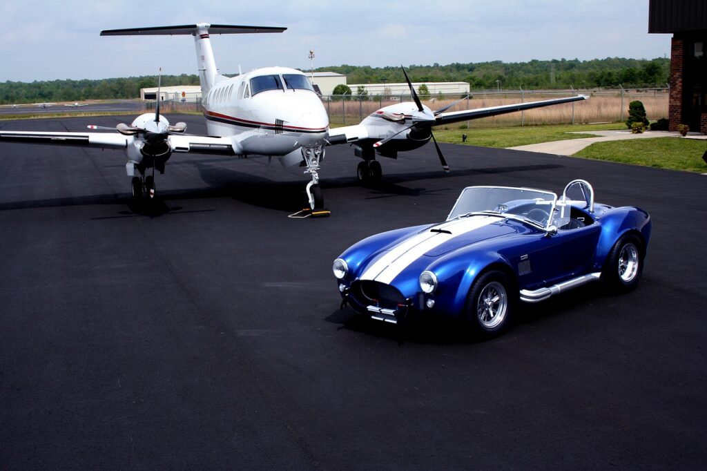 shelby cobra, private plane, air strip